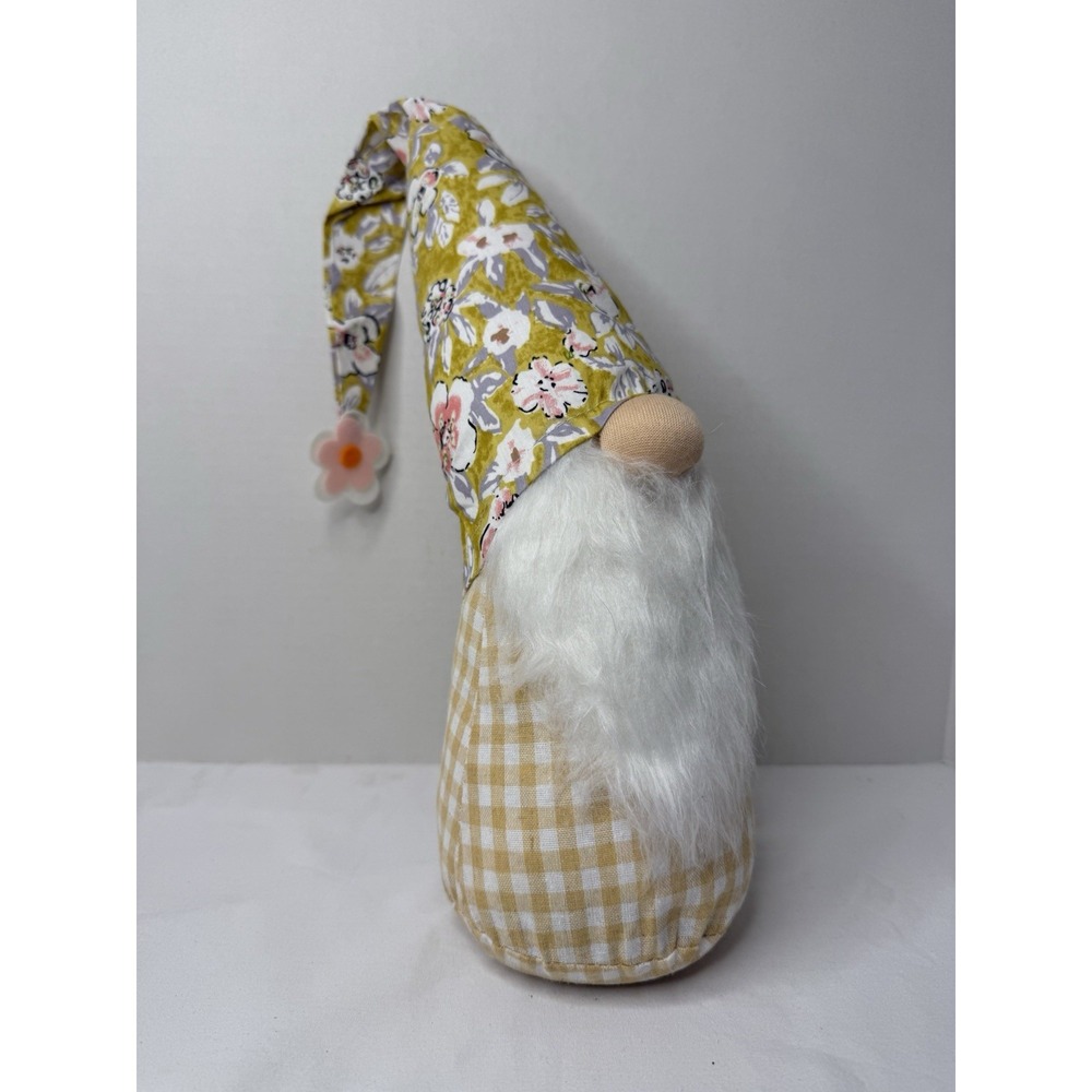 Whimsical Gnome Doll Yellow Floral Hat Gingham Base Spring Home Decor